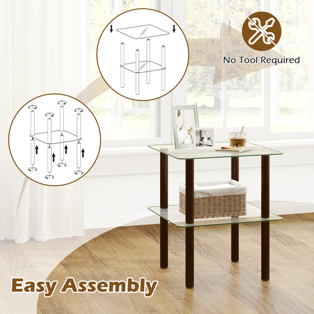 2-tier square end table with a clear tempered glass top and brown rubber wood legs, designed for easy assembly without tools.