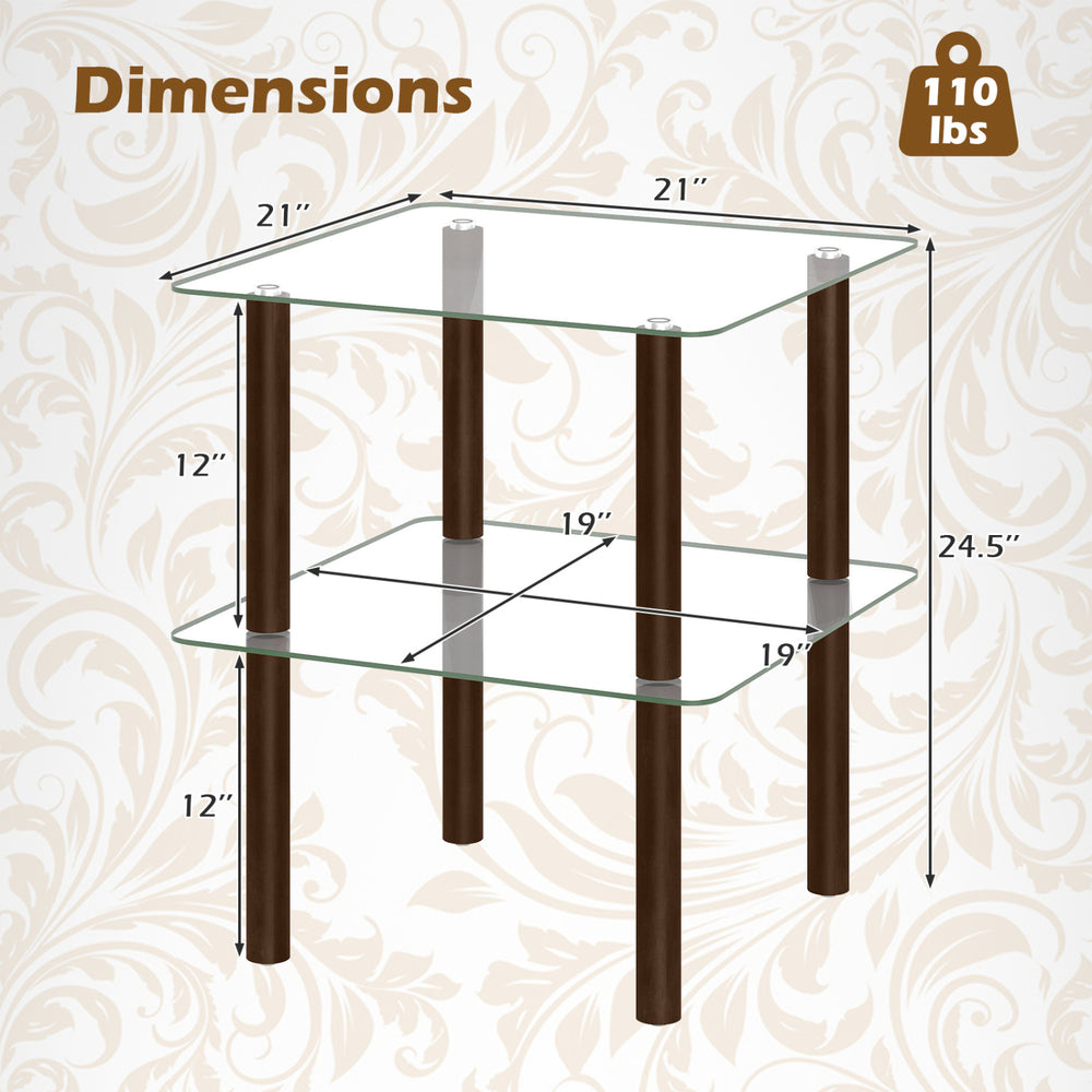 2-tier square end table with a clear tempered glass top and brown rubber wood legs, perfect for storing essentials.