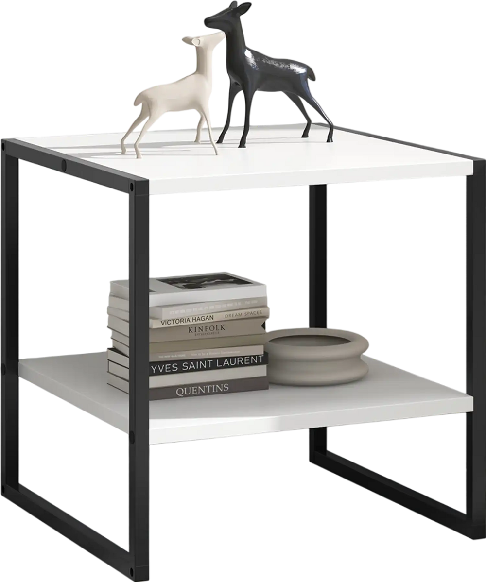 2-tier square end table in white with black frame, featuring a reversible design and ample storage for living room.