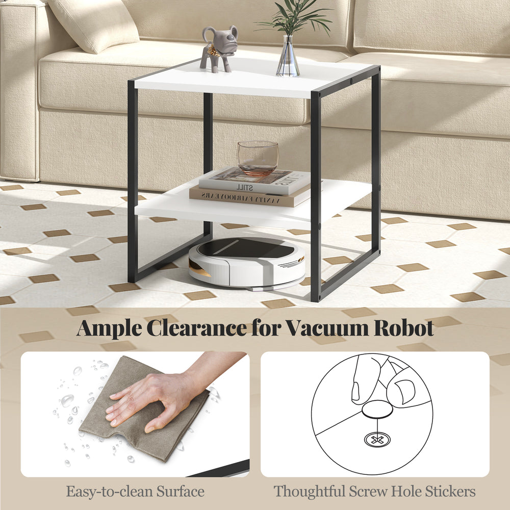 2-tier square end table with storage shelf, white finish, designed for easy cleaning and ample vacuum robot clearance.