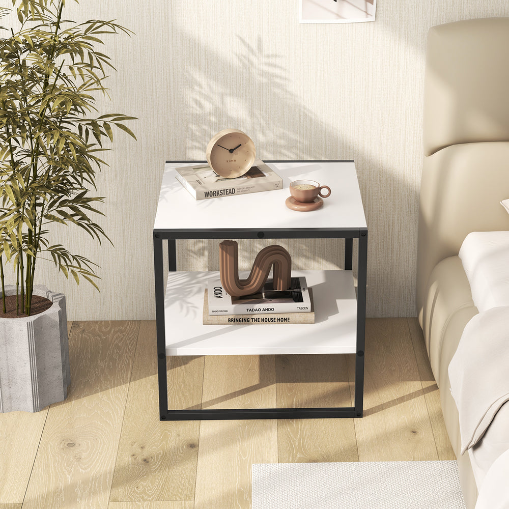2-tier square end table in white with storage shelf, modern design for living room or bedroom use.