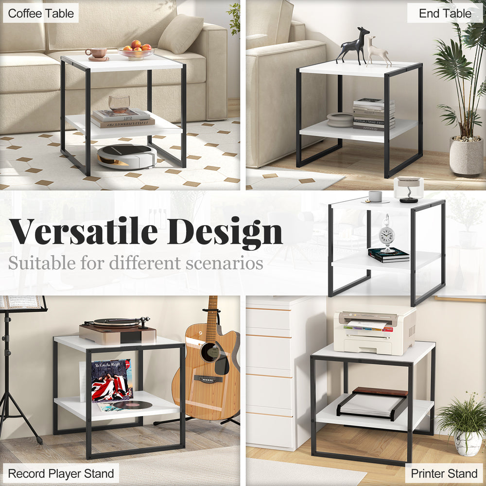 2-tier square end table with reversible design, white finish, ideal as a coffee table or printer stand for versatile.