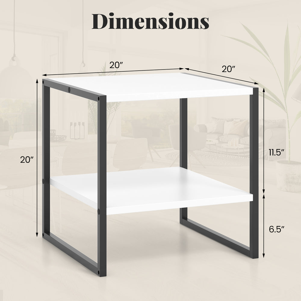 2-tier square end table with reversible design, white finish, dimensions 20"x20"x20", ideal for living room storage.
