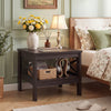 Square brown side table with X-frame design, featuring a storage shelf, perfect for bedrooms and living rooms.