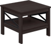 Square brown side table with X-frame design, featuring a tabletop and bottom storage shelf for living room or bedroom.