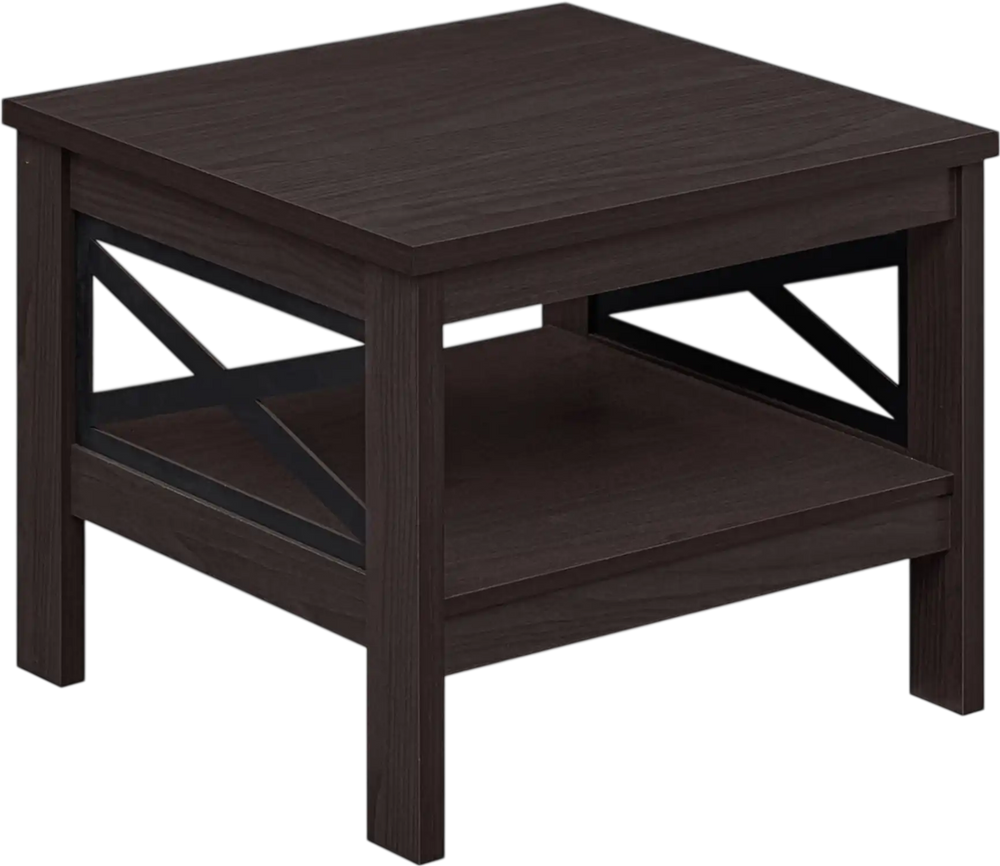 Square brown side table with X-frame design, featuring a tabletop and bottom storage shelf for living room or bedroom.