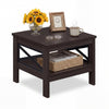 Square brown side table with X-frame design, featuring a storage shelf, perfect for living rooms and bedrooms.