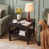 Square brown side table with a top surface for coffee, featuring a bottom shelf and X-frame design for farmhouse style.