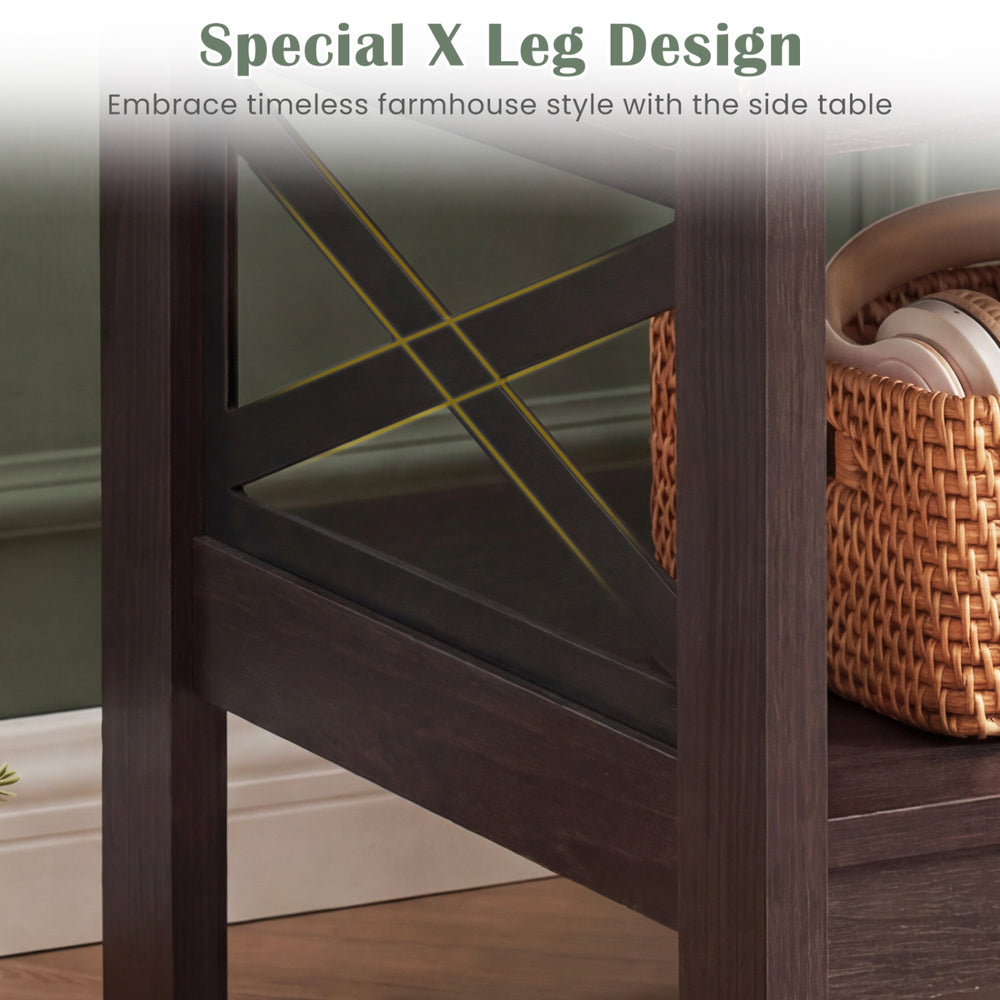 Square side table with X-frame design in brown, featuring a storage shelf for living room or bedroom use.
