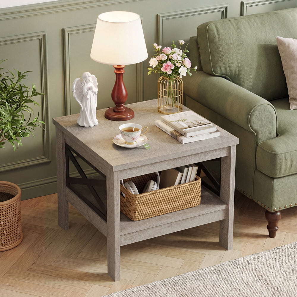 2-Tier Square Side Table with Storage Shelf and X-Frame for Bedroom Living Room-Oak - Gallery View 1 of 9
