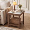 Two-tier square side table with faux marble tempered glass top and walnut rubberwood legs, shown beside a living room sofa.
