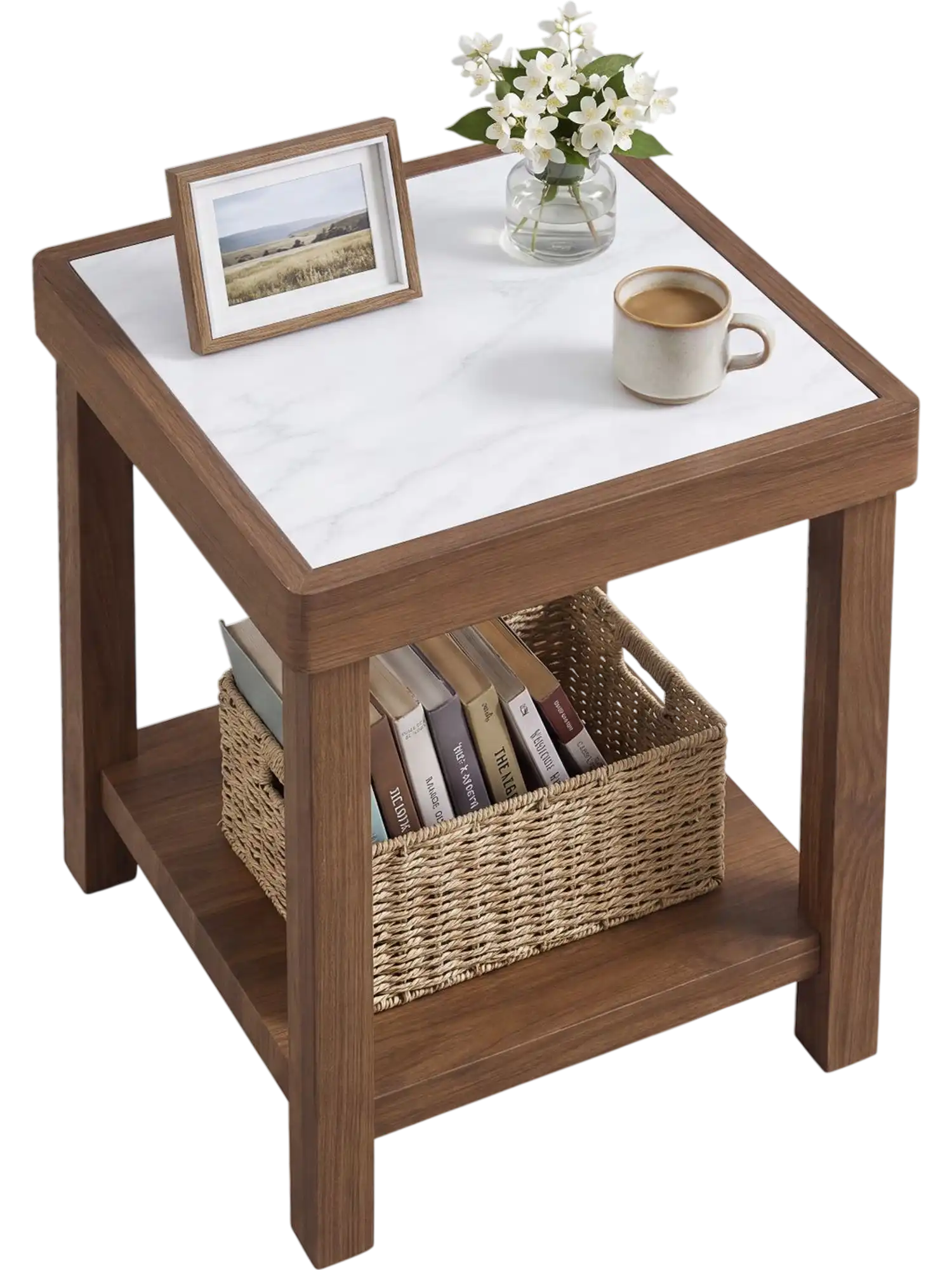Costway 2-Tier Square Faux Marble Side Table 89362627 New