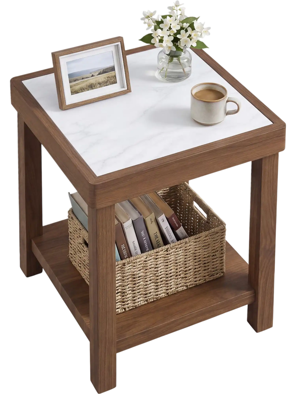 Walnut 2-tier square side table with faux marble top, shown angled with decor and a woven basket below.