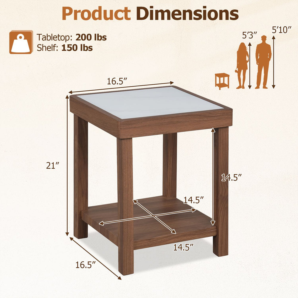 2-tier square side table with faux marble top, walnut wood-grain finish, shown in a dimension diagram.