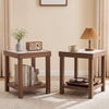 Two brown square side tables with 2-tier design and faux marble tops, styled beside a sofa in a living room.