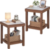 2-Tier Square Side Table set of 2 in brown, shown with faux marble tops and wood-grain details in a living room setting.
