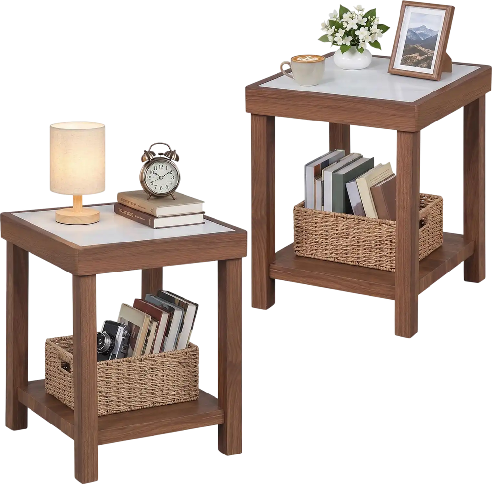 2-Tier Square Side Table set of 2 in brown, shown with faux marble tops and wood-grain details in a living room setting.