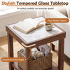 2-Tier Square Side Table with faux marble top, brown rubberwood legs, and a woven basket on the lower shelf.