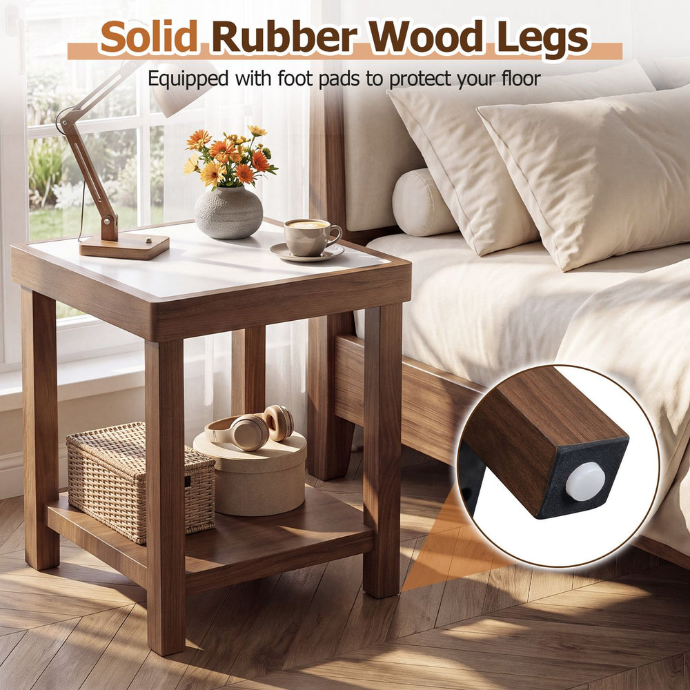 Brown square side table with faux marble top and foot pads, shown beside a sofa in a living room.