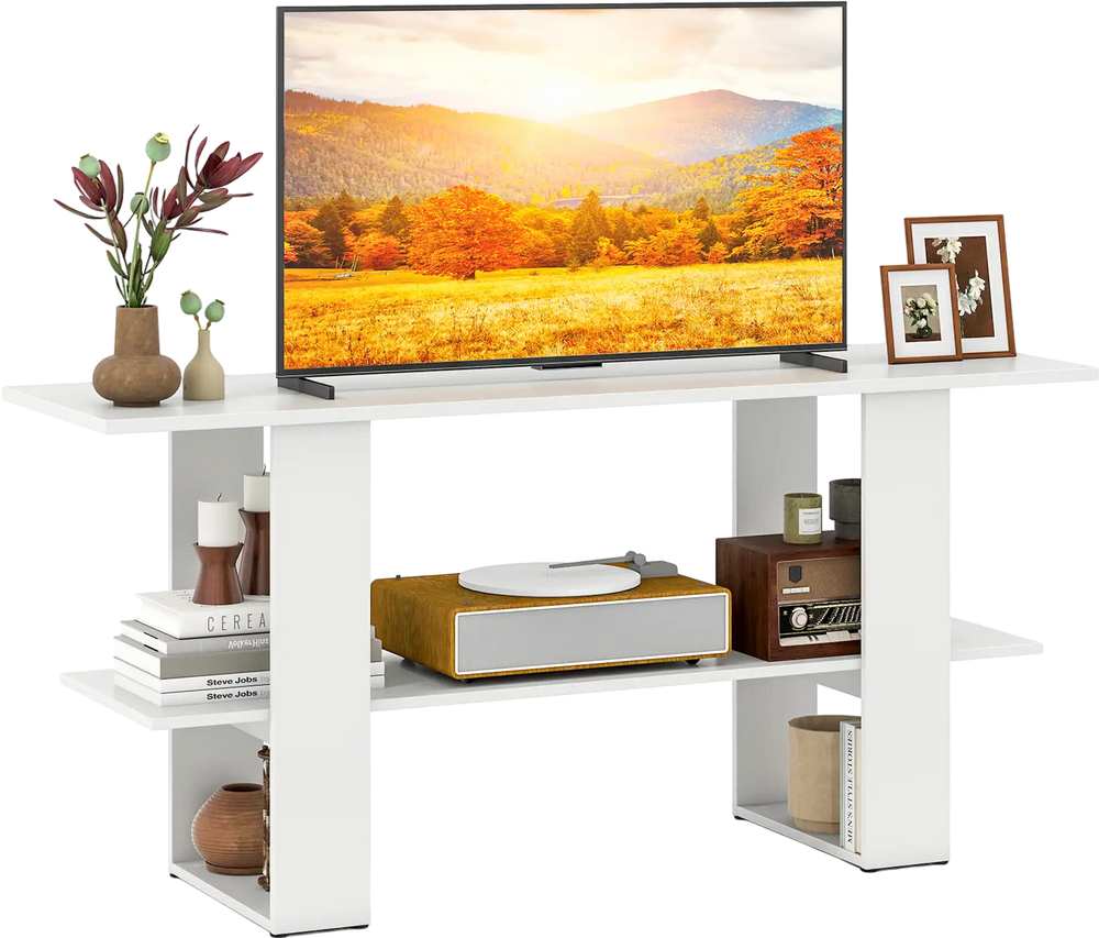 2-tier white TV stand with open shelf, designed for TVs up to 55 inches, perfect for stylish living room storage.