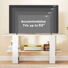 2-tier white TV stand with open shelf, accommodates TVs up to 55 inches, ideal for stylish storage and organization.