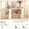 2-tier white TV stand with open shelf, designed for TVs up to 55 inches, featuring anti-tipping kits for safety.