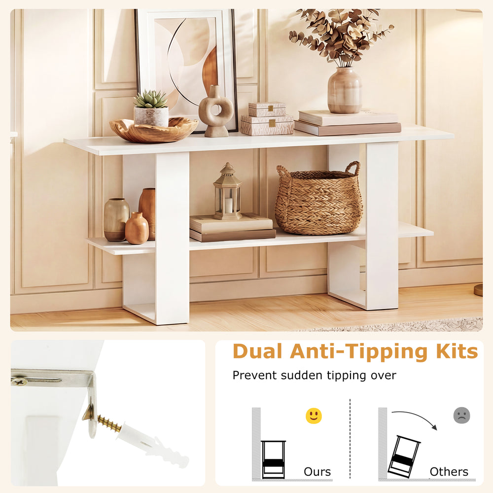 2-tier white TV stand with open shelf, designed for TVs up to 55 inches, featuring anti-tipping kits for safety.