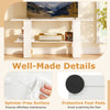 2-tier white TV stand with open shelf, designed for TVs up to 55 inches, featuring protective foot pads for floor.
