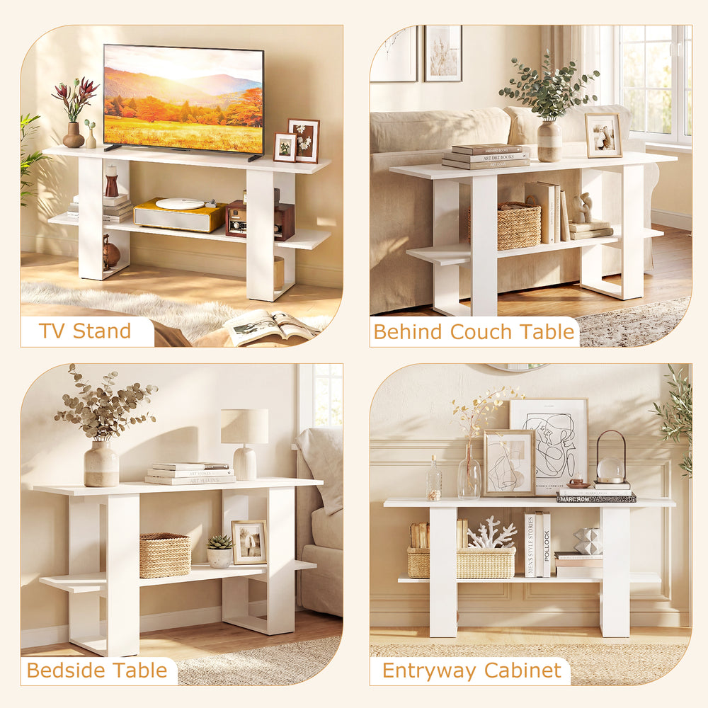 2-Tier white TV stand with open shelf, designed for TVs up to 55 inches, ideal for versatile storage and stylish decor.
