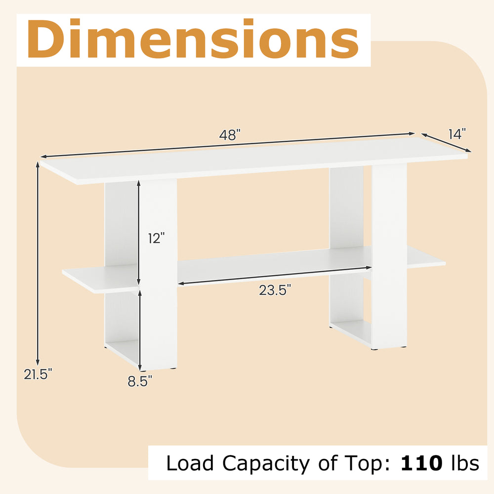 Dimensions of the 2-Tier TV stand with open shelf, designed for TVs up to 55 inches, in white finish.