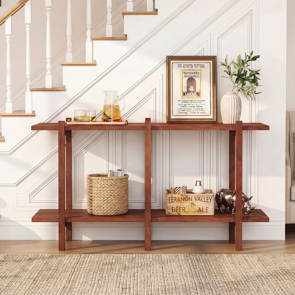 Walnut 2-tier wood bookshelf with solid rubberwood legs, perfect for displaying items in living room or office.