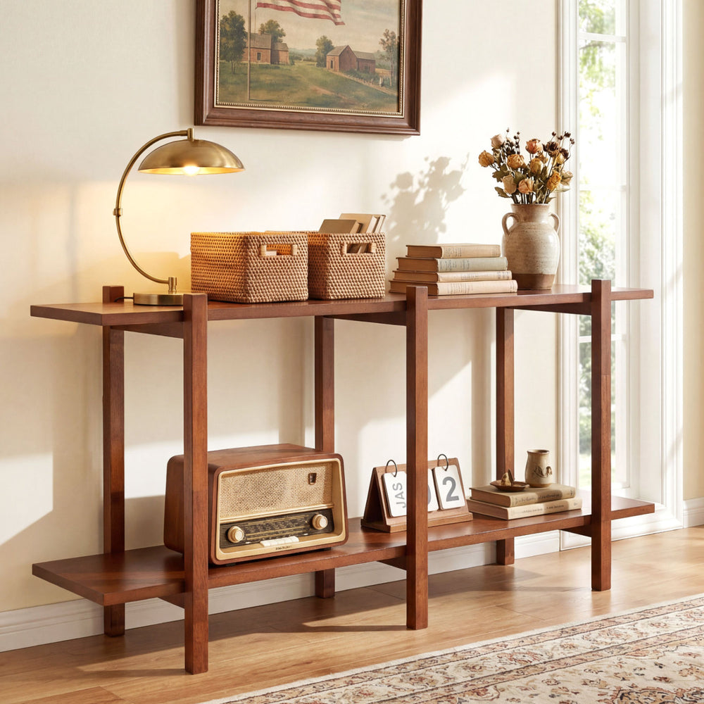 Walnut 2-tier wood bookshelf with solid rubberwood legs, perfect for displaying decor in living room or office.