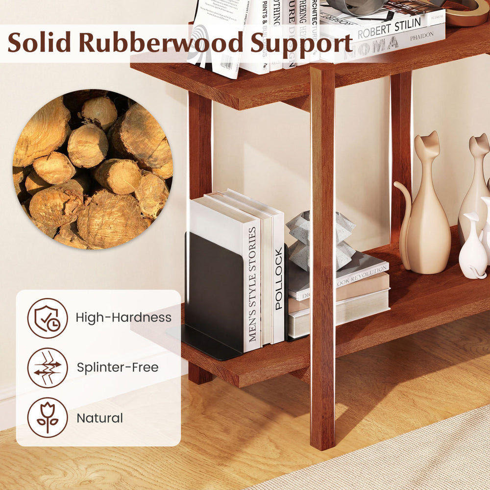 2-tier walnut wood bookshelf with solid rubberwood support, featuring smooth, splinter-free shelves for safe display.