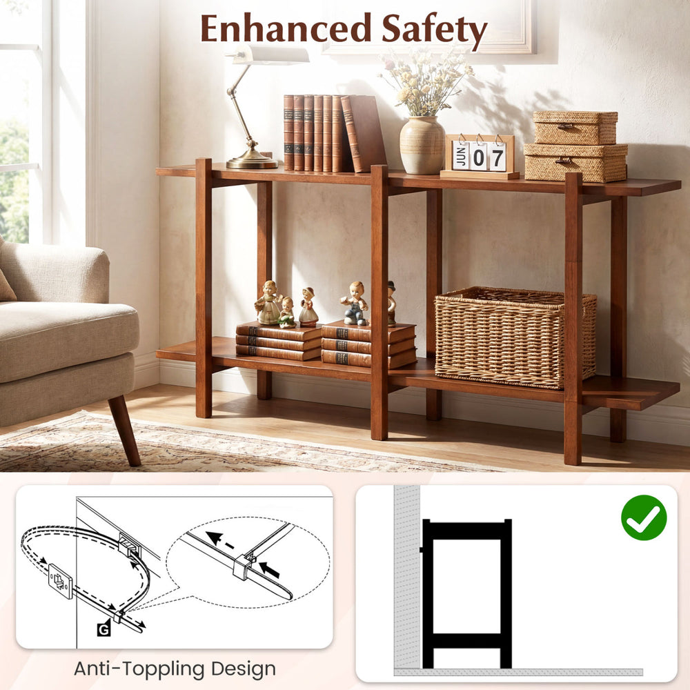 2-tier walnut wood bookshelf with solid rubberwood legs and anti-tip design, perfect for display in any room.
