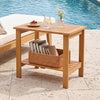 Natural eucalyptus wood 2-tier patio end table with slatted tabletop and storage shelf, perfect for outdoor use.