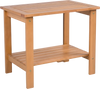 Natural eucalyptus wood 2-tier patio end table with slatted tabletop and storage shelf for outdoor and indoor use.