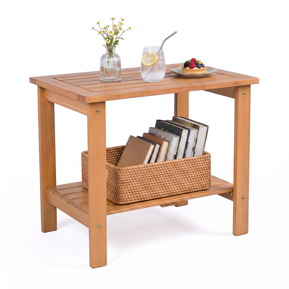 Natural eucalyptus wood 2-tier patio end table with slatted tabletop and storage shelf for backyard organization.