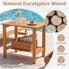 2-tier wood patio end table made of natural eucalyptus wood with a slatted tabletop and storage shelf for versatile use.