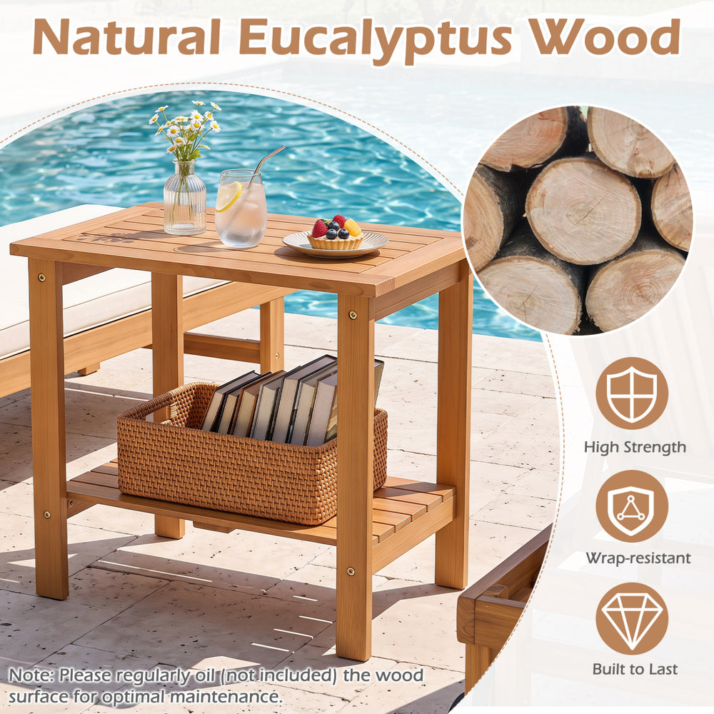 2-tier wood patio end table made of natural eucalyptus wood with a slatted tabletop and storage shelf for versatile use.