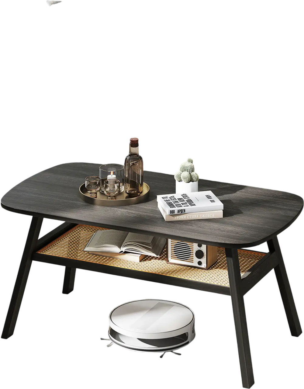 Rectangular coffee table with dark gray wood surface, rattan storage shelf, and rubber wood legs for stylish living.
