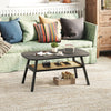 Rectangular dark gray coffee table with rattan storage shelf and rubber wood legs, perfect for stylish living room.