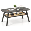 Rectangular dark gray coffee table with rattan storage shelf, rubber wood legs, and a warm wood-grain surface for.
