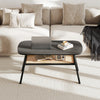 Rectangular coffee table with rattan storage shelf, dark gray wood-grain surface, and rubber wood legs for stability.