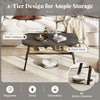 Rectangular coffee table with dark gray wood-grain surface, rattan storage shelf, and rubber wood legs for stylish.