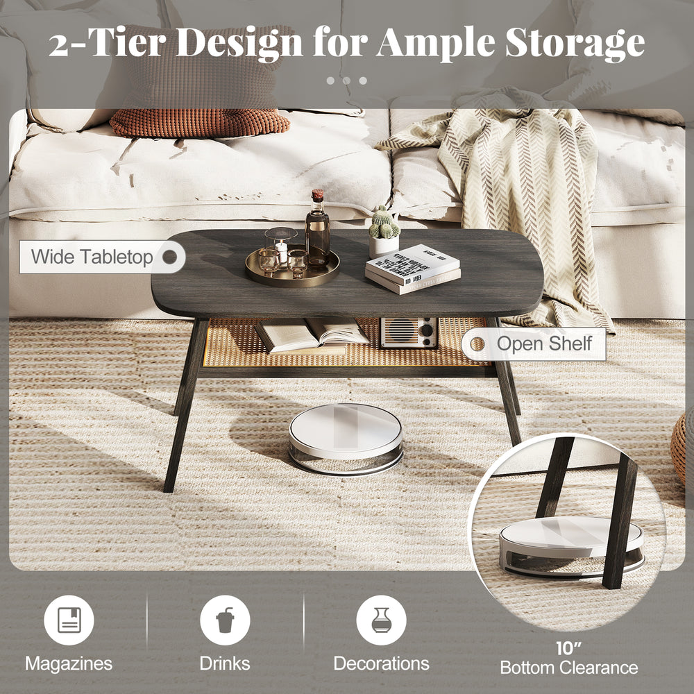 Rectangular coffee table with dark gray wood-grain surface, rattan storage shelf, and rubber wood legs for stylish.
