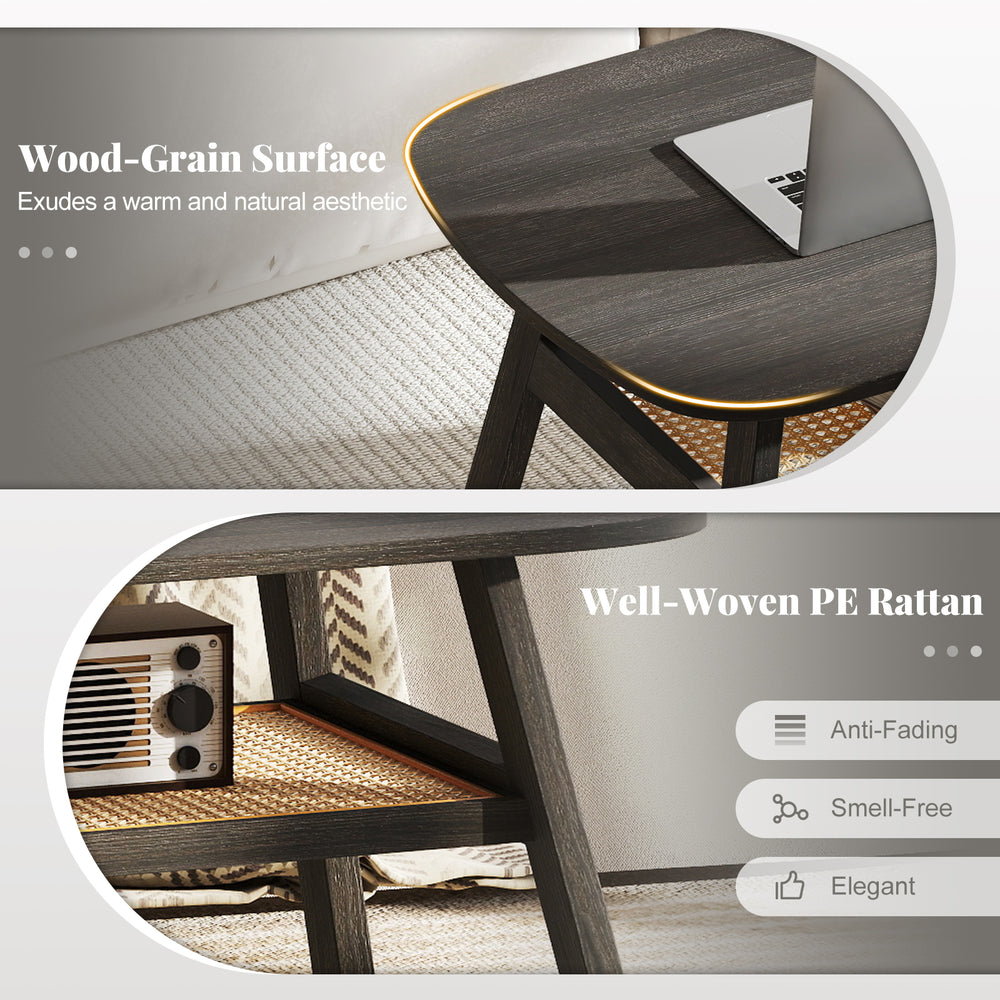 2-tier rectangular coffee table with dark gray wood-grain surface and well-woven PE rattan shelf for stylish storage.