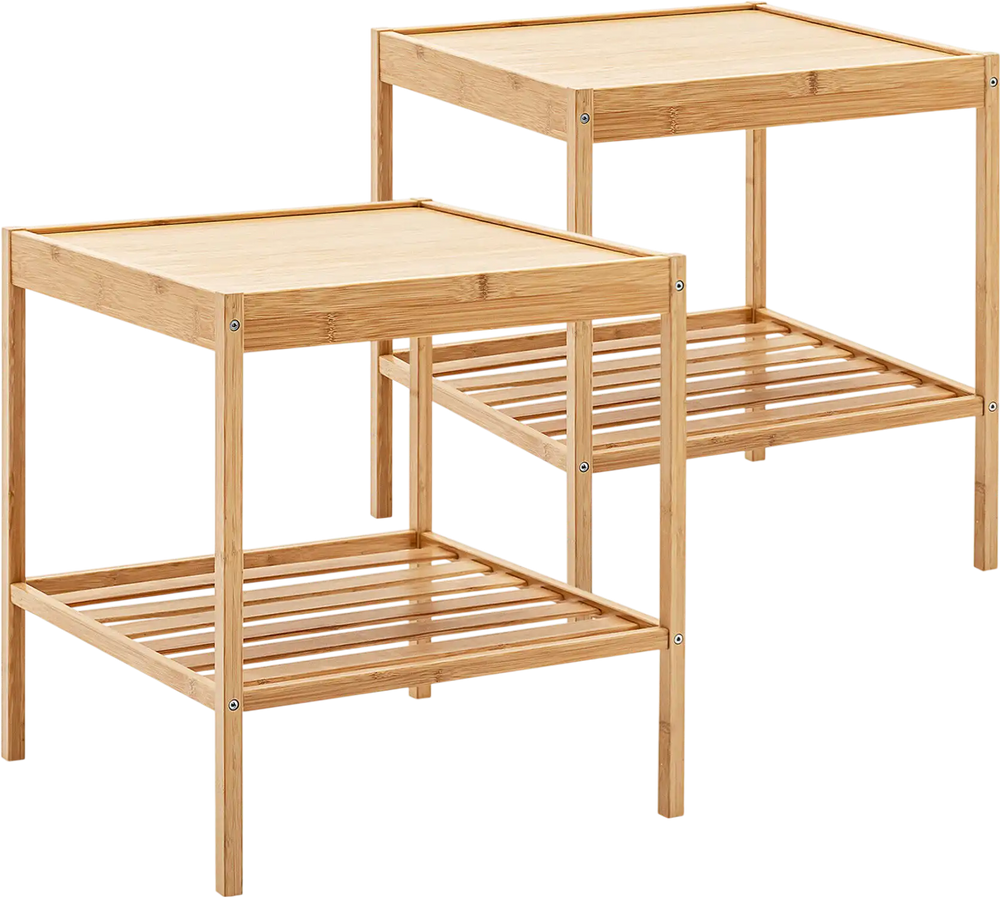Set of 2 bamboo nightstands with 2 tiers, featuring a waterproof surface and ample storage for small spaces.