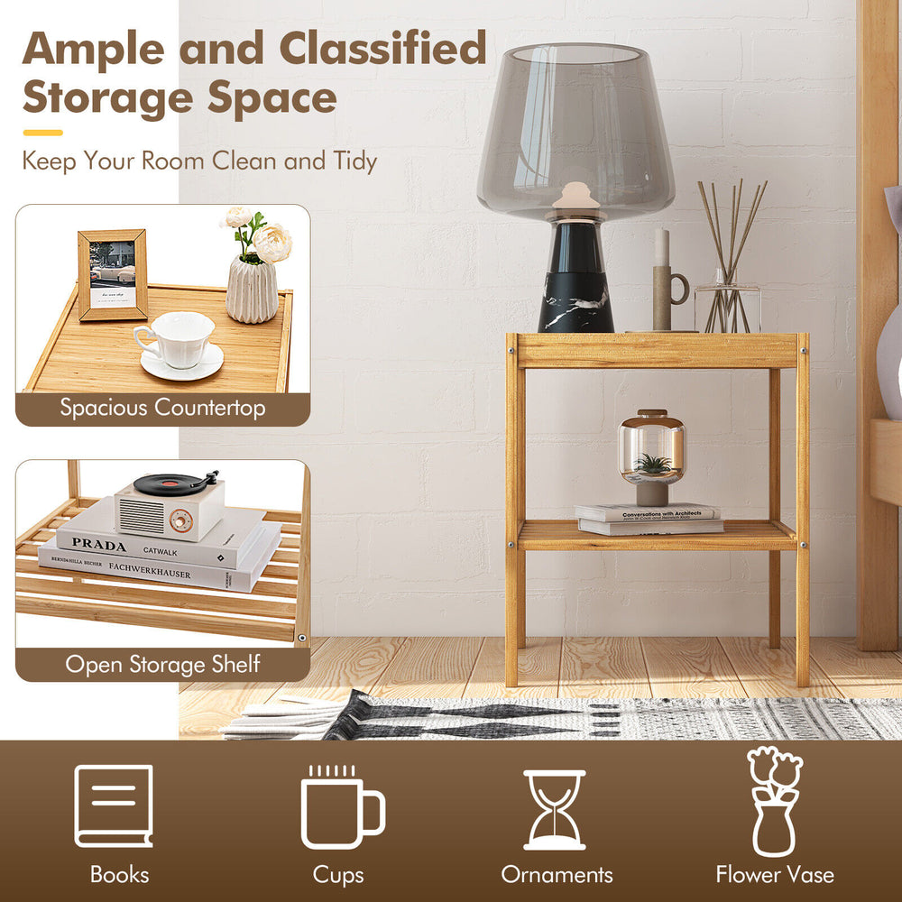 Bamboo nightstand set featuring two tiers, ample storage, and a waterproof surface, perfect for living room or bedroom.