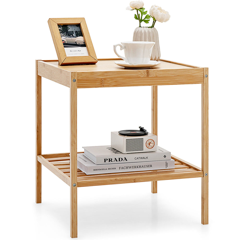 Bamboo nightstand with two tiers, featuring a waterproof surface and ample storage for bedroom or living room use.