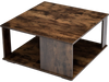 Square rustic brown coffee table with two tiers and storage, featuring non-slip foot pads for stability and protection.